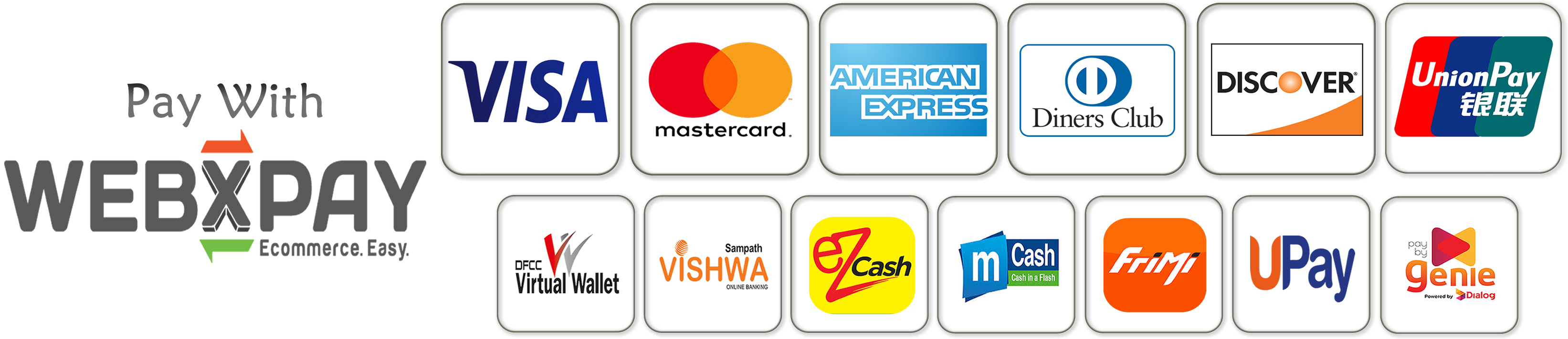 Visa / Master / Amex / Diners Club / Discover / China Union Pay / DFCC Wallet / Sampath Vishwa / eZcash / MCash / FriMi / UPay / Genie